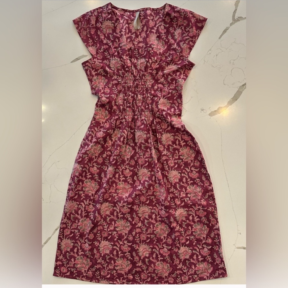 Mata Traders Hand Block Printed Artsy Traveler Dress in Magenta Vine XS - NWOT